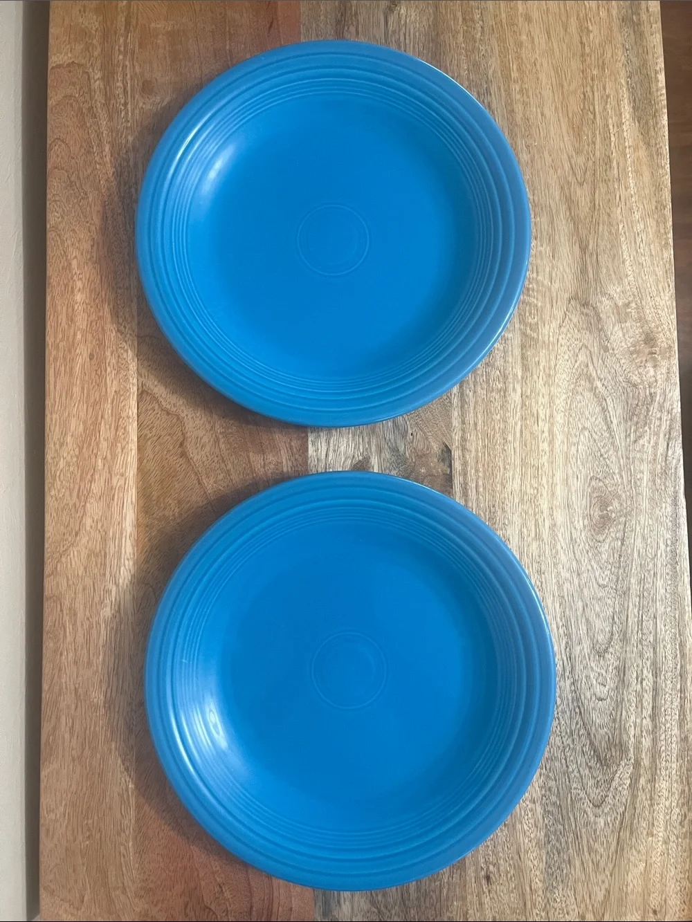(2) 10.5-inch Homer Laughlin Fiesta dinner plate in rare to find Peacock Blue